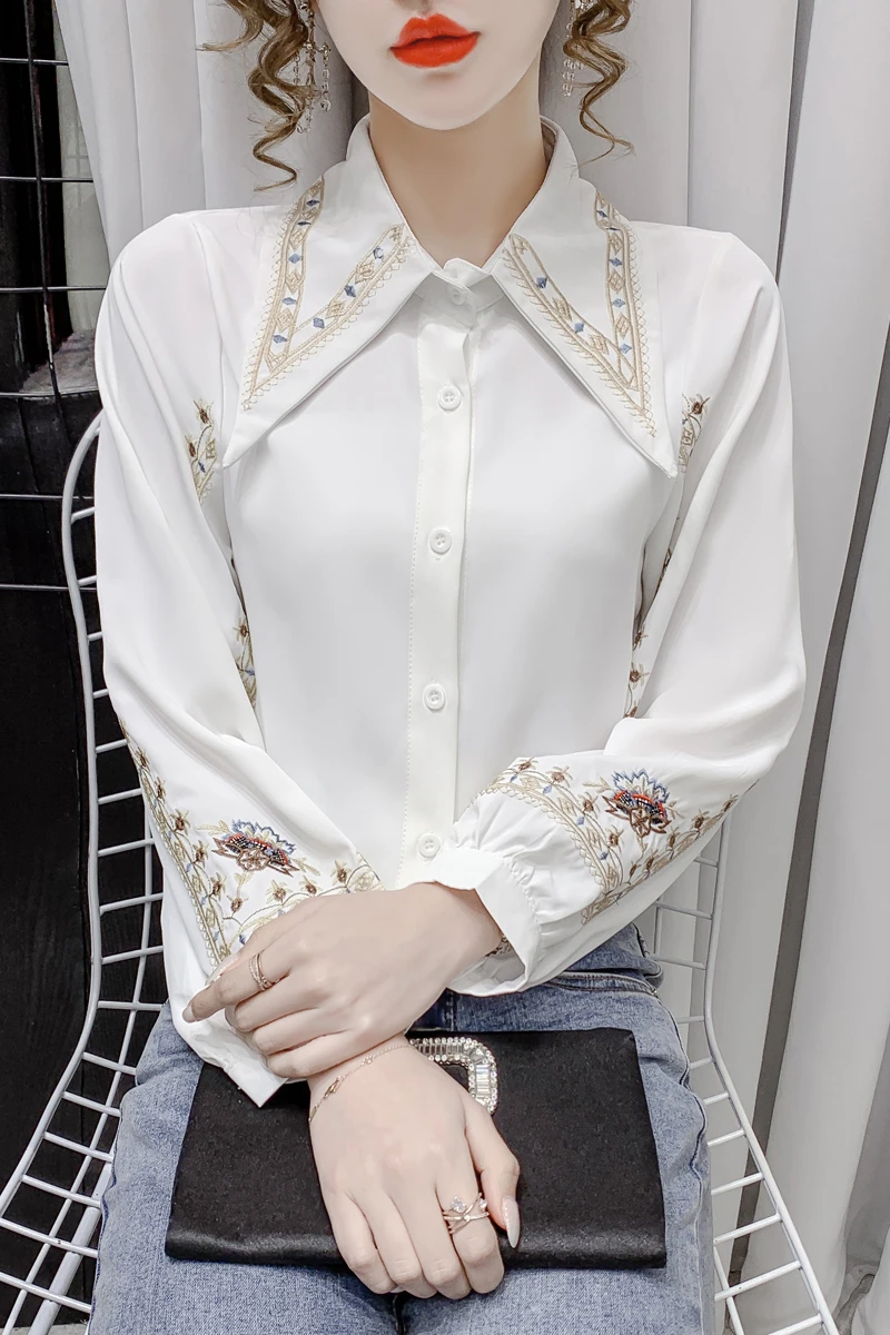 

Houthion Slim Women Blouses New Casual Blouse Fashion Long Sleeve Top Embroidery Flowers Doll Collar Buttons Shirts Summer