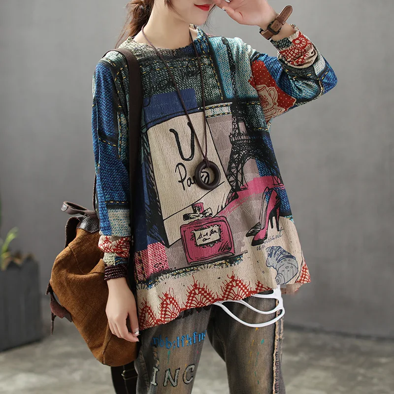

Retro Print Vintage Sweaters Women 2019 Spring Autumn O-Neck Long Sleeve Soft Knit Girl Pullover Tops Female Jumpers AA118S50