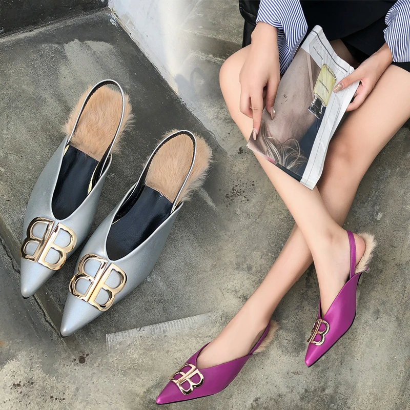 2019 г. осенние женские туфли без задника на меху модные изящные среднем каблуке с
