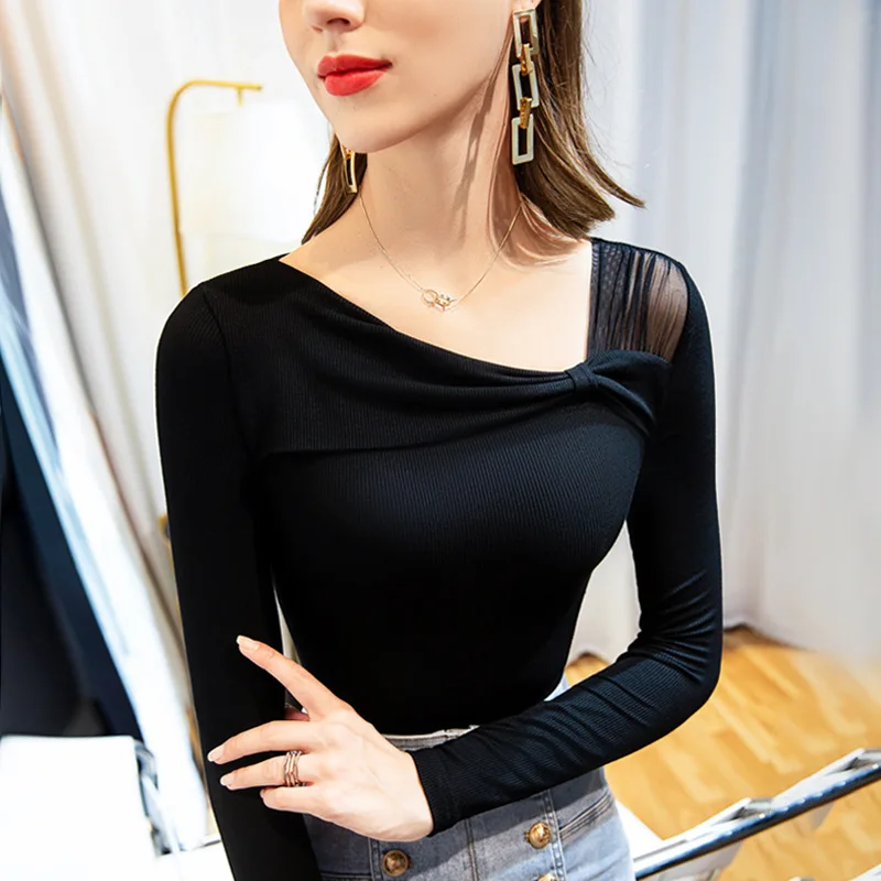 

Inclined Collar Stitching Hollow Long-sleeved Women's Autumn/winter Style Foreign Net Yarn Bottoming Shirt with T-shirt Top