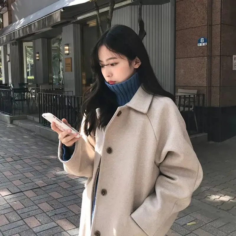 

2021 New Woolen Coat Medium-Long Pure Color Women's Woolen Coat Casual Loose Long-sleeved coat Female