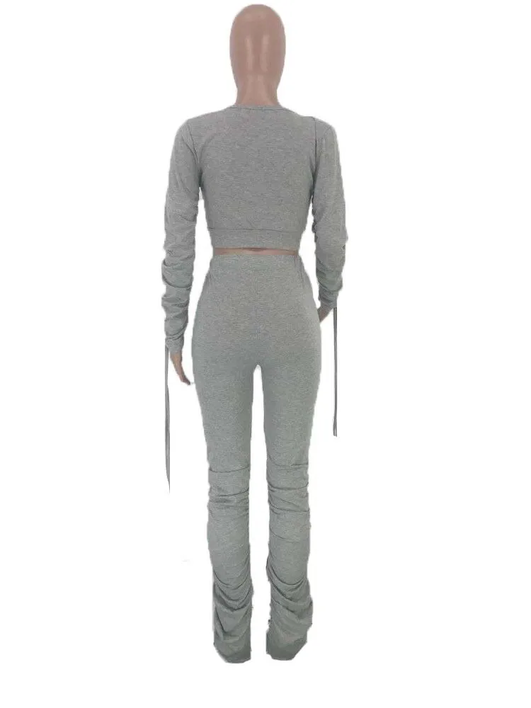 

New sexy slim solid women's two piece fashion nightclub V-Neck long sleeve shirt and Pants Set
