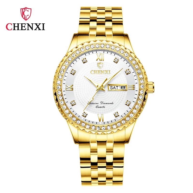  CHENXI Luxury Men Gold Watches Golden Stainless Steel Waterproof Male Business Watch Calendar Week Quartz Men's Dress Wristwatch