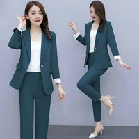 2022 women pant suit women autumn fashion dark blue blazer jacket casual pant two piece set office ladies wear women suits