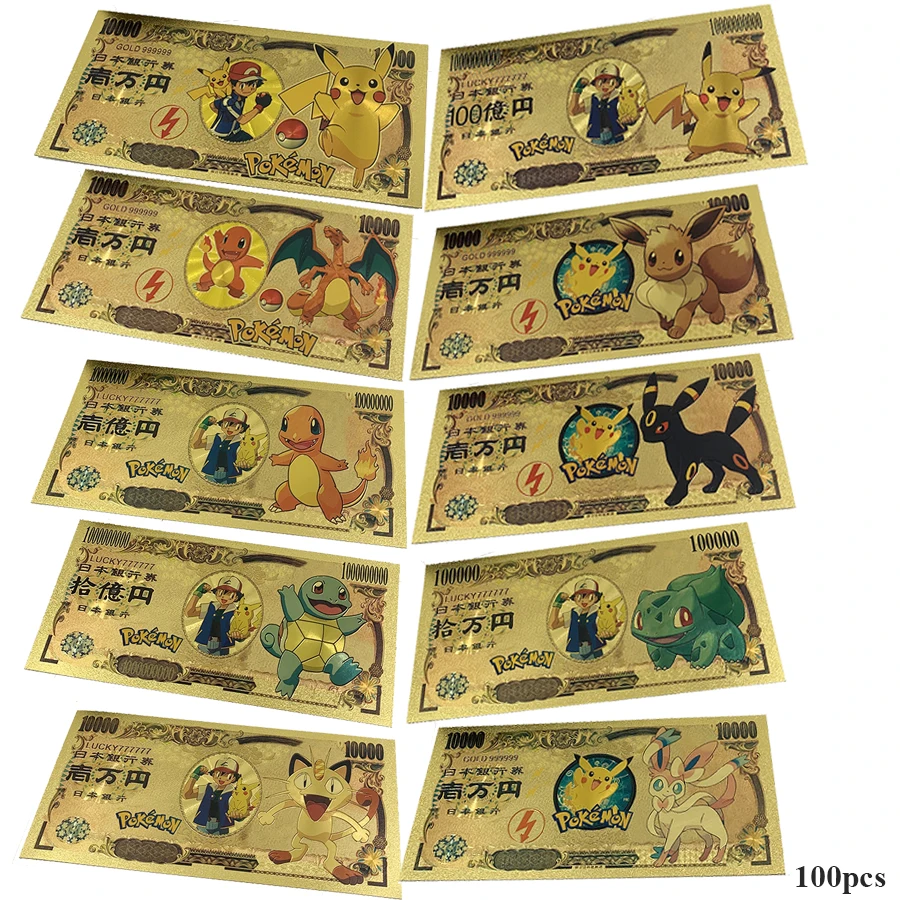 

100 шт./лот японское аниме Симпатичные карманные животные иен Золотые пластиковые карты Монстр 24k фольгированная банкнота для фанатов сувени...