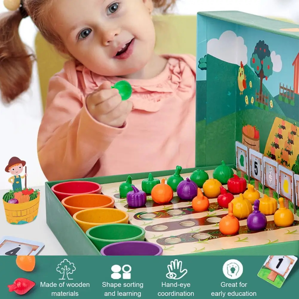 

Деревянная детская игрушка Монтессори для раннего развития, овощи, фрукты, Классификация цветов, чашка, подсчитывающая форма, Подходящие Иг...