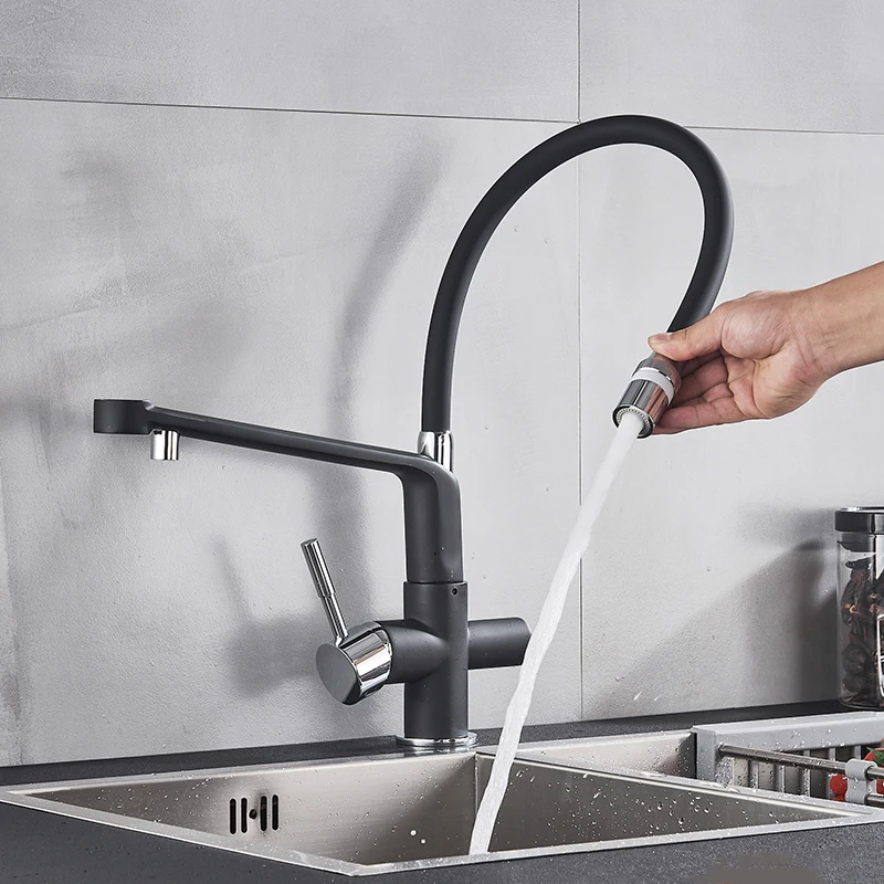 Смеситель для кухни с двойным носиком и фильтром смеситель поворотом на 360