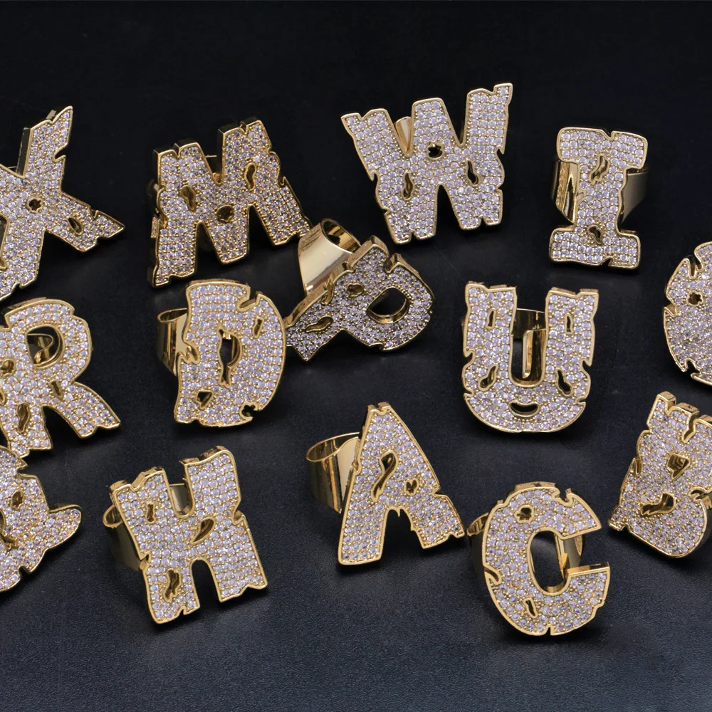 

LuReen Hip Hop Broken Get Old 26 Letters Iced Out CZ Ring For Women Men Punk Cubic Zircon Rings Female Rapper Jewelry Gift