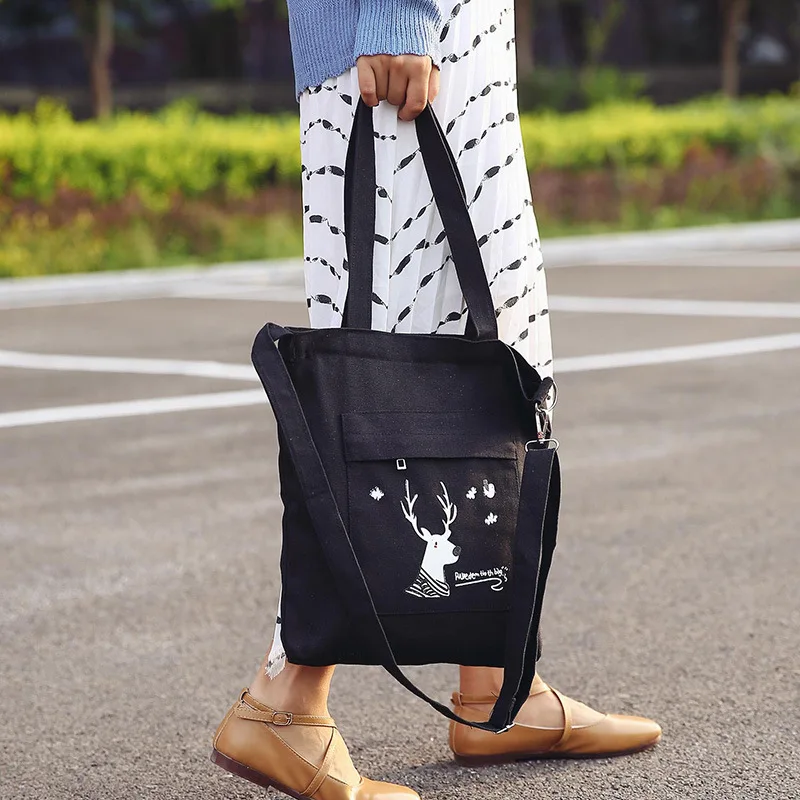 Женская тканевая сумка с милыми животными черно белая на одно плечо для покупок