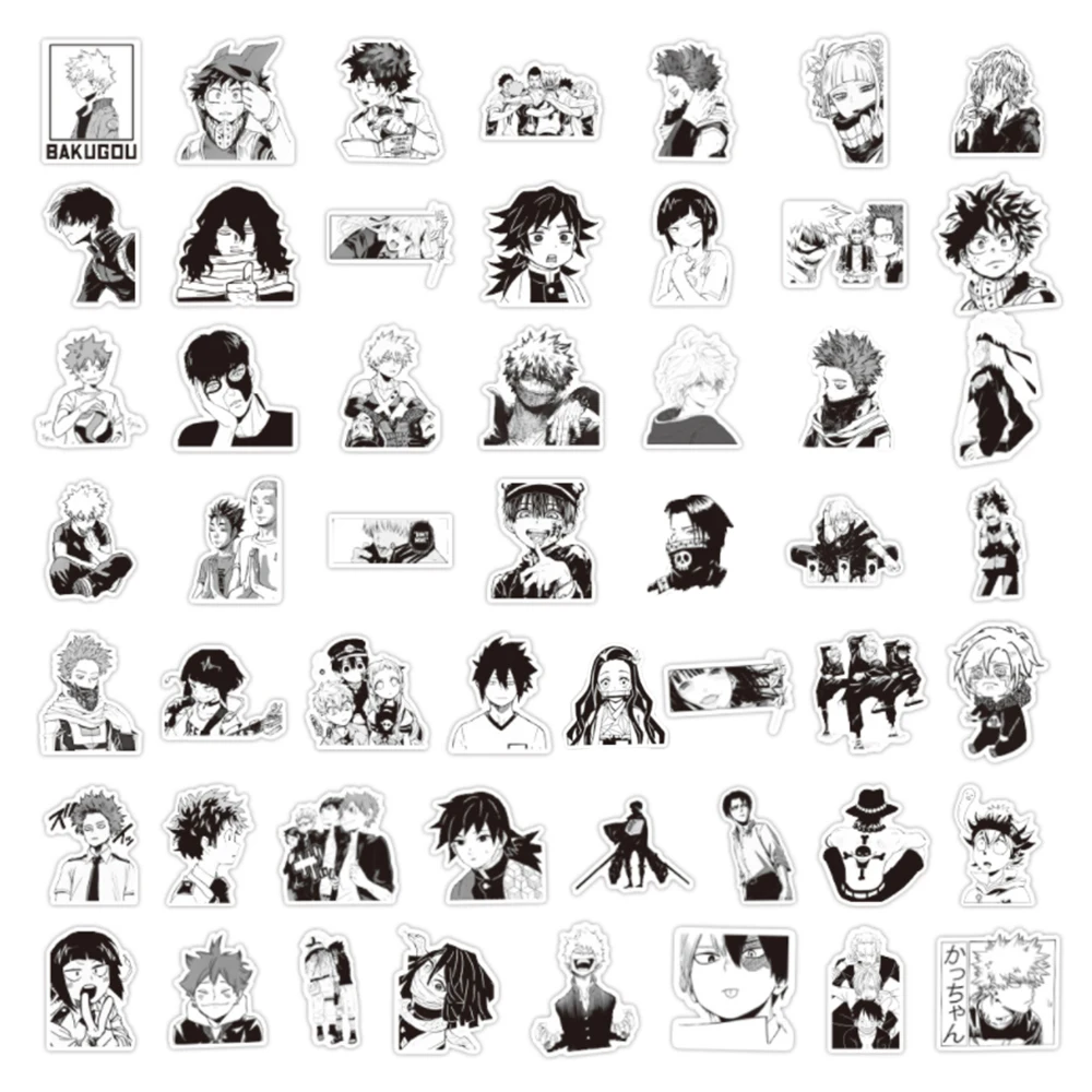 Pegatinas de Personaje de Anime en blanco y negro para ni&ntilde;os, monopat&iacute;n de Anime japon&eacute;s, pegatinas de juguete para coche y equipaje, 10/30/50 Uds.-1