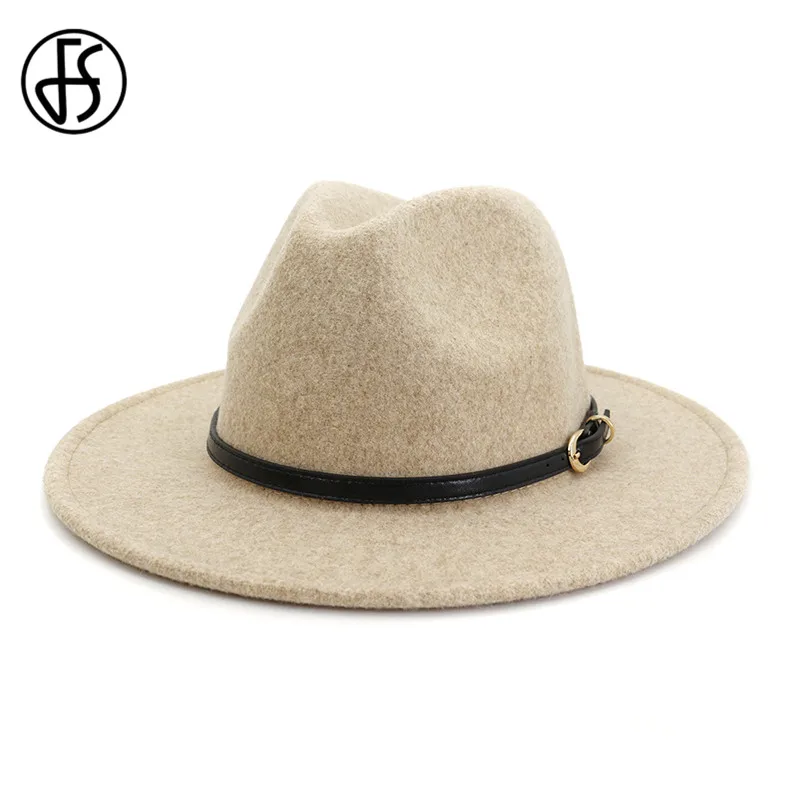 FS бежевый белый шерстяной джазовый шляпа Для мужчин женщин с Широкими Полями