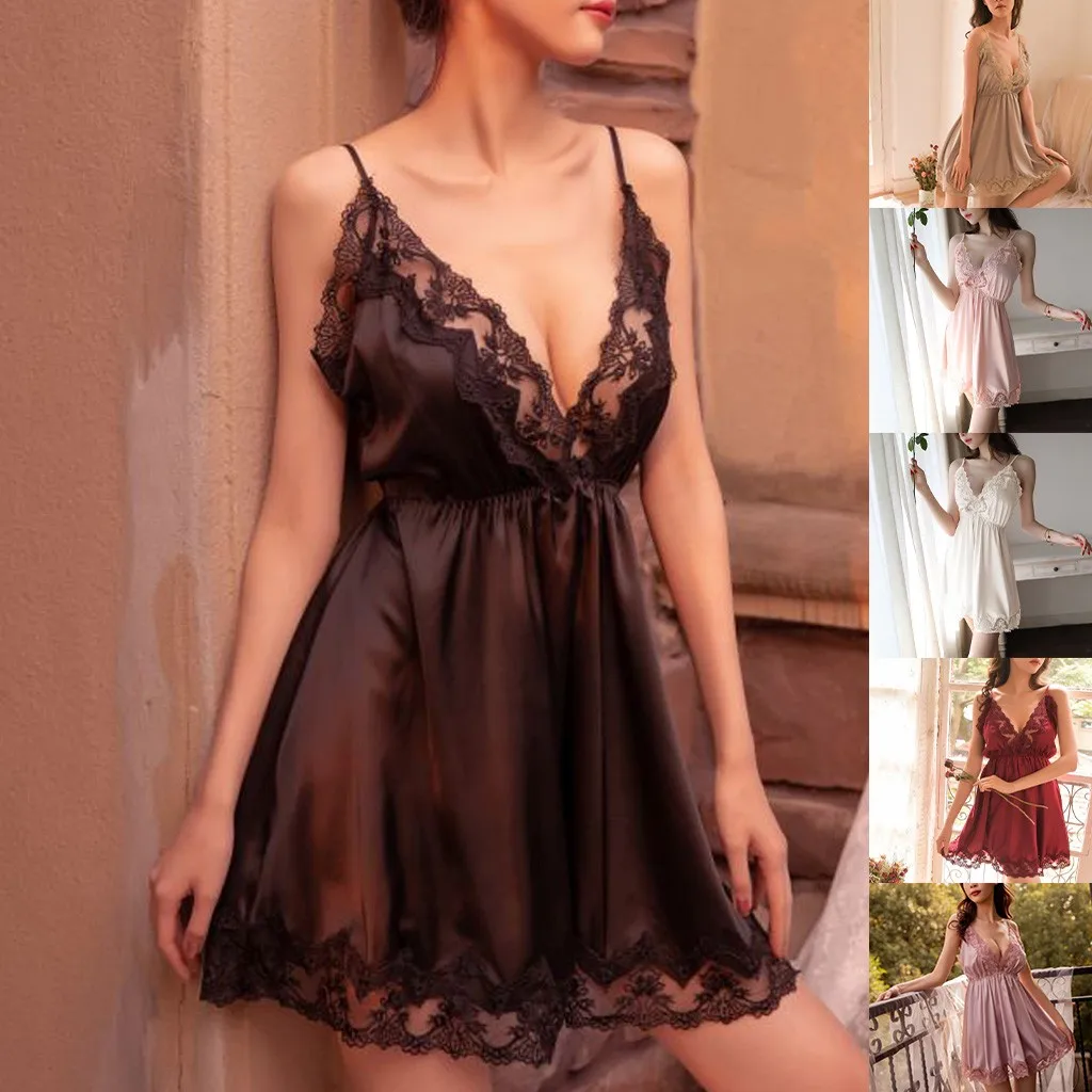 Атласная Шелковая пижама кружевная ночная рубашка нижнее белье женское одежда