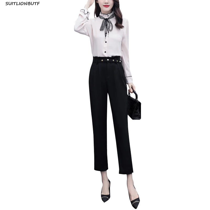 

Office Lady 2 Piece Outfit Set Chiffon Lace Bow Stand Collar Blouse Elastic Waist Pencil Pants Business Suit 2021 Women Clothing