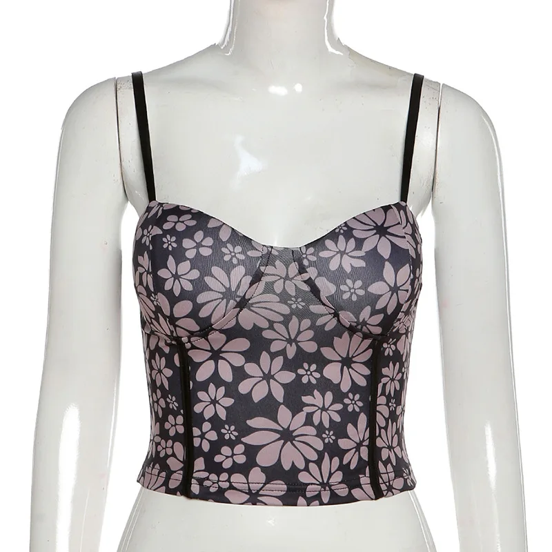 

Sexy Ladies Tank Tops Slim Navel Floral Pattern One Word Collar Sleeveless Backless Sling Vest Casual Summer Fashion 2021 New