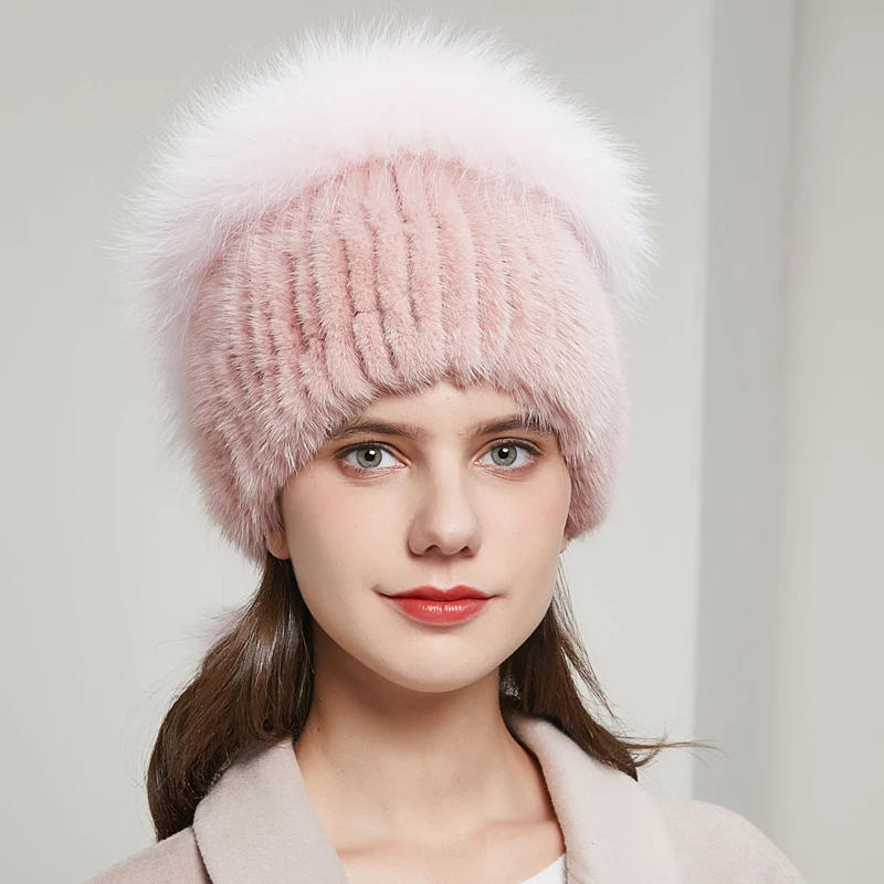 Real Mink Fur Hat Winter Women's High Quality Fashion Heart Shaped With Rhinestone Ball Hot Selling Beanie Style