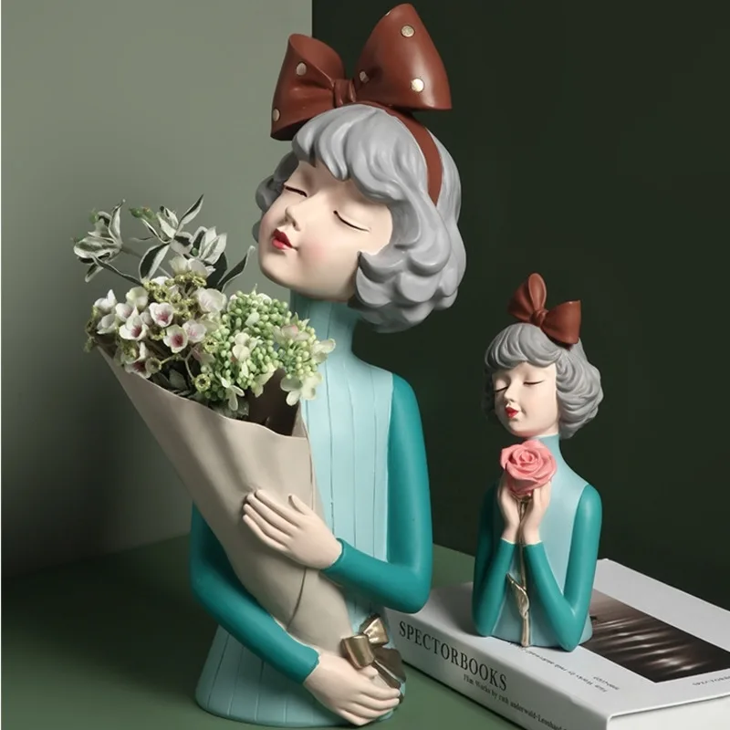 

Butterfly Girl Holding Flower Vase Statue Resin Sculpture Nordic Abstract Art Home Living Room Decoration Accessories Gifts