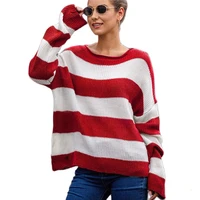 Winter Clothes Women Sweaters Knitted Stripe Splicing O-Neck Pullovers Casual Fashion Keep Warm Long Sleeve Knit Top Homewear