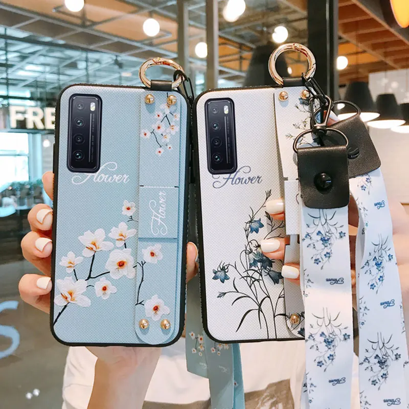 

Diamond Vintage Flower Wrist Strap case For Huawei nova 8se 7i 7se 6se 5i 4e 3e 3i P40 P30 P20 lite with Lanyard Hairball Cover