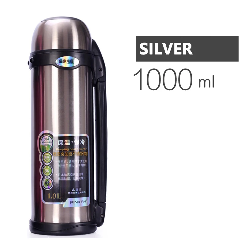 SILVER 1000 мл Outdoore вакуумные фляжки 36 часов изоляции двухслойная дорожная фляжка для воды 304 нержавеющая сталь матовая поверхность термос - Цвет: SILVER