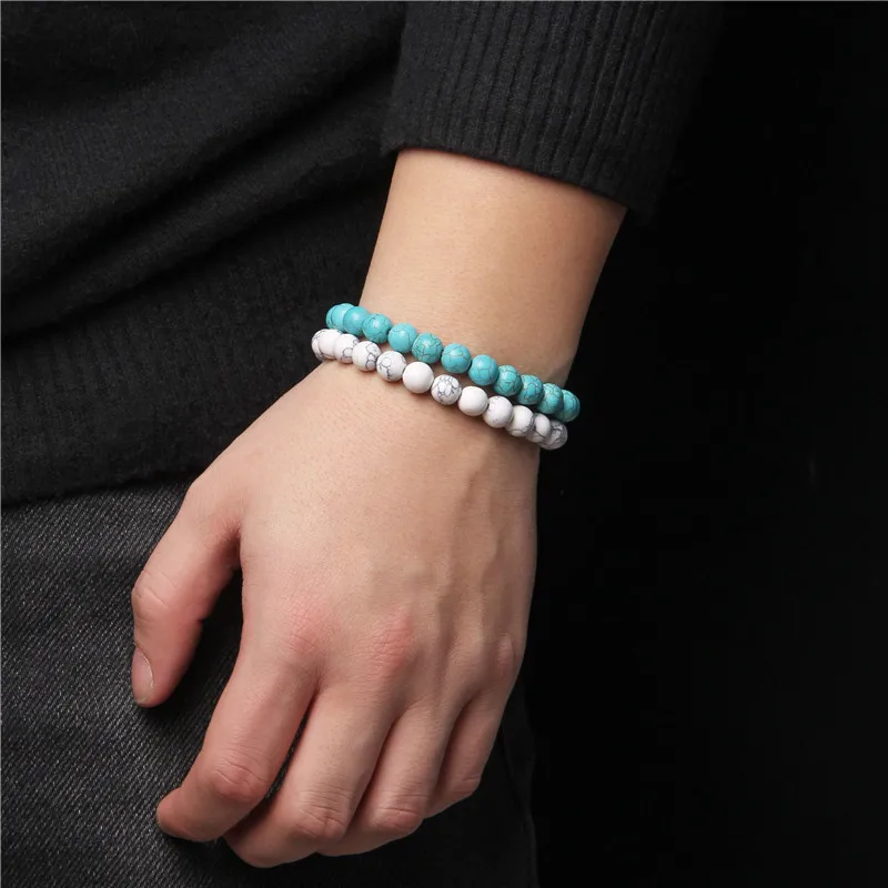 

2pcs/set Turquoises Bracelets For Women Men Bracelet Set Blue Green White Turquoises Combination Bangle Elastic Rope Pulsera