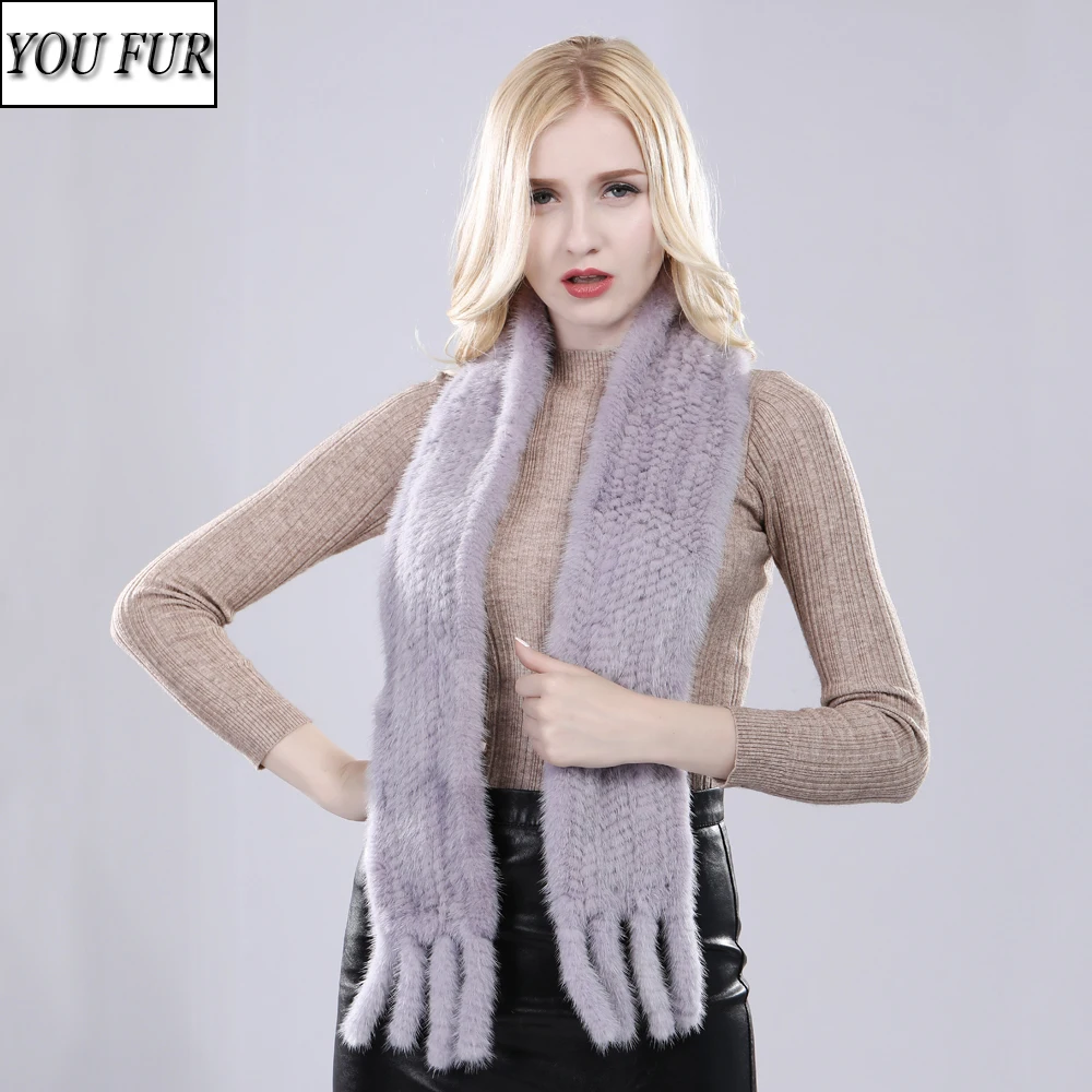 

New Long Style Women Real Mink Fur Scarf Natural Real Mink Fur Scarfs Warm Quality Lady Hand Knitted Real Mink Fur Shawl Scarves