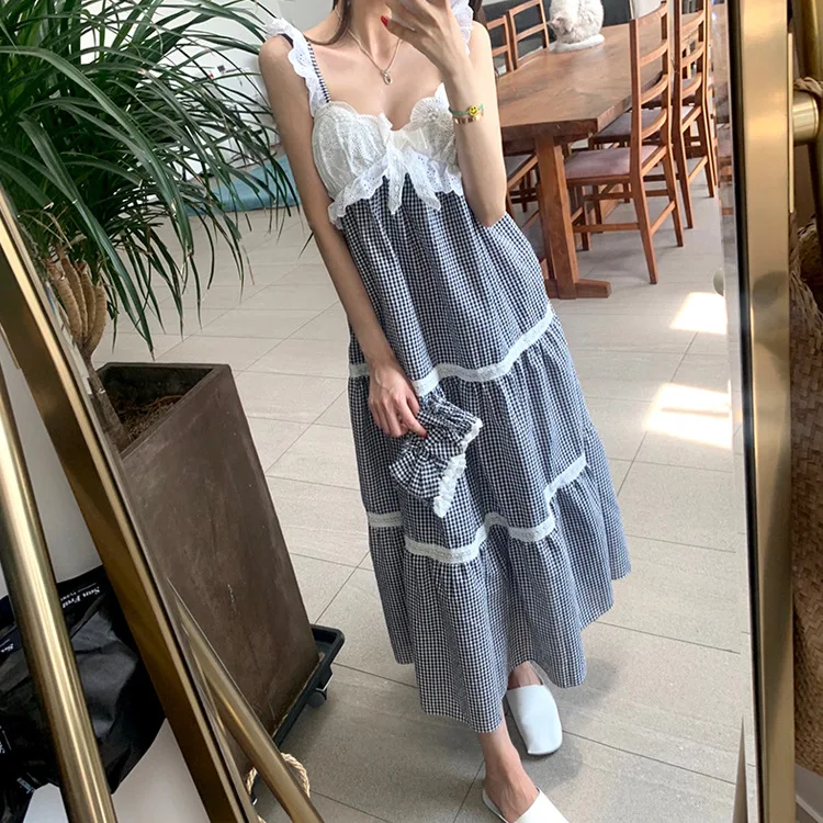 

Летняя Ночная рубашка на бретелях, кружевная пижама в клетку в стиле пэчворк, Повседневная Длинная юбка в стиле принцессы, привлекательная ...