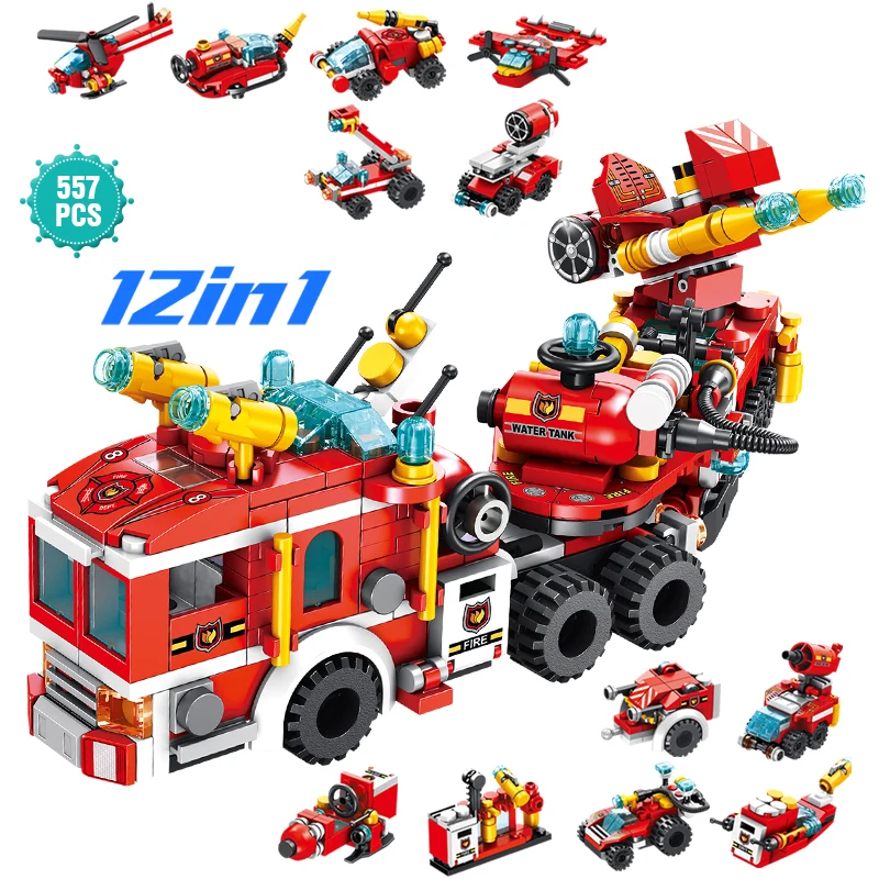 

Technical Ideas Fire Rescue Truck Series Building Blocks 12 in 1Fire Truck Mecha Robot Bricks Toys Gift For Children Boys