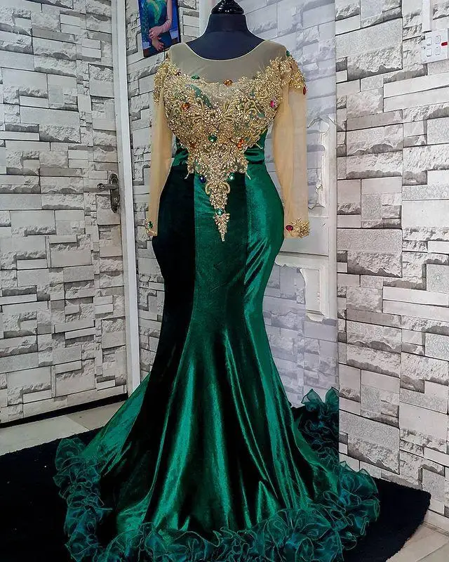 

Emerald Green Plus Size Evening Formal Dresses 2022 Illusion Long Sleeve Aso Ebi Arabic Beaded Lace prom dress wear robes