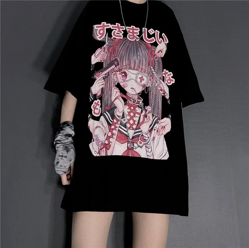 

MINGLIUSILI Aesthetic T Shirts 2021 Fashion Harajuku Anime Women Clothing Summer Short Sleeve Gothic T-shirts for Women