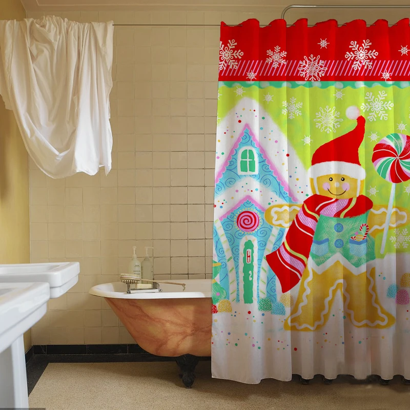 

Nordic Waterproof Cartoon Animal Shower Curtain Waterproof and Mold-proof Rural Landscape Creek Polyester Hook Bathroom Curtain