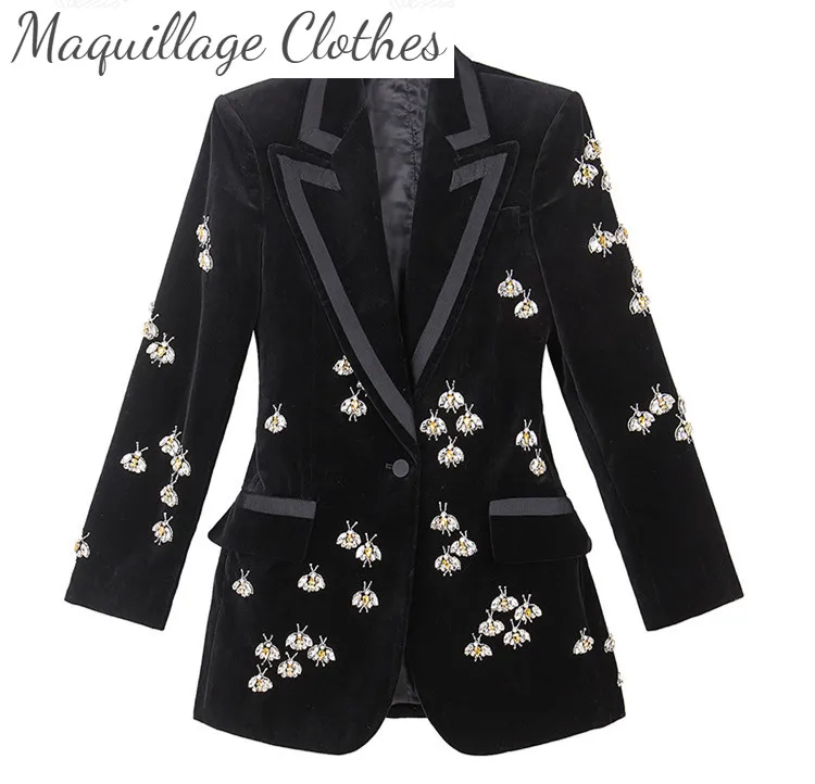 

Высококачественные бархатные блейзеры со стразами и бусинами, шикарные женские черные приталенные блейзеры, пальто G074