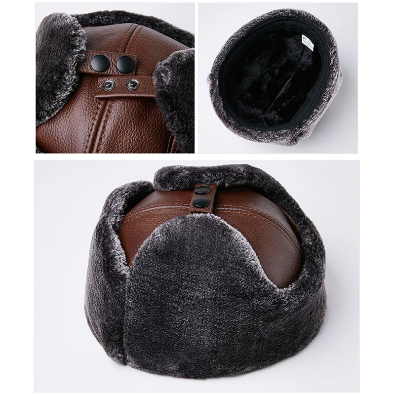 Fibonacci Men's Hat Winter Cowhide Leather Brand Quality Genuine Leather Fur Hat Pom Ear Protect Bomber Hats Russian Ushanka Cap