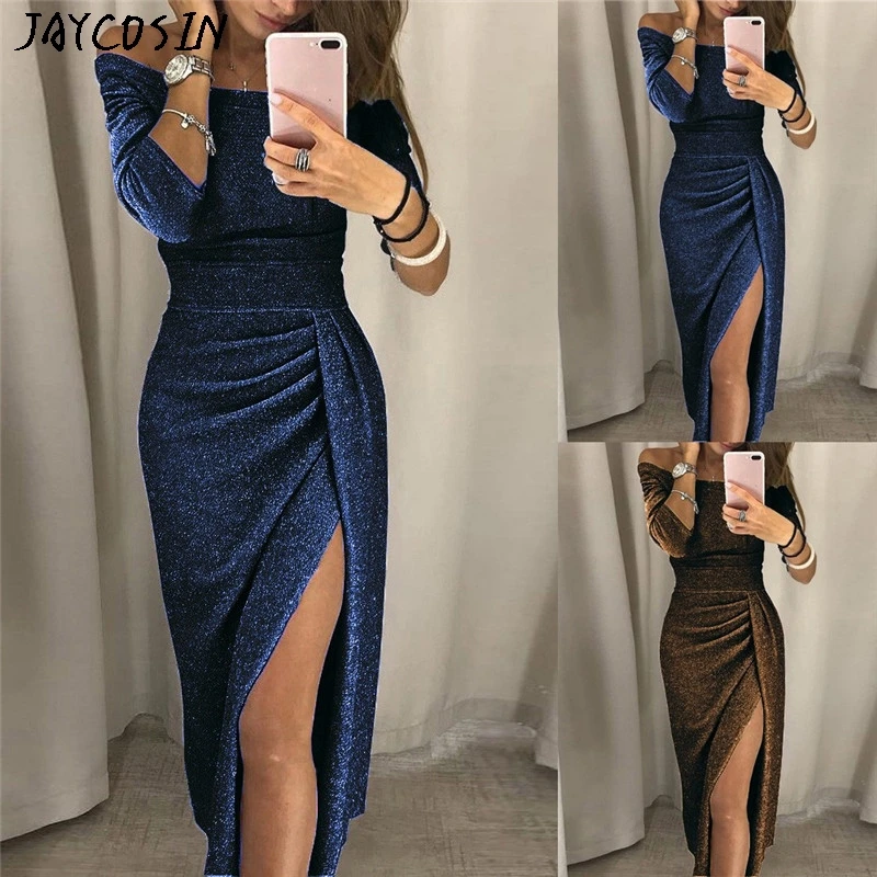 Женское модное Сверкающее тонкое платье с открытыми плечами и высоким разрезом