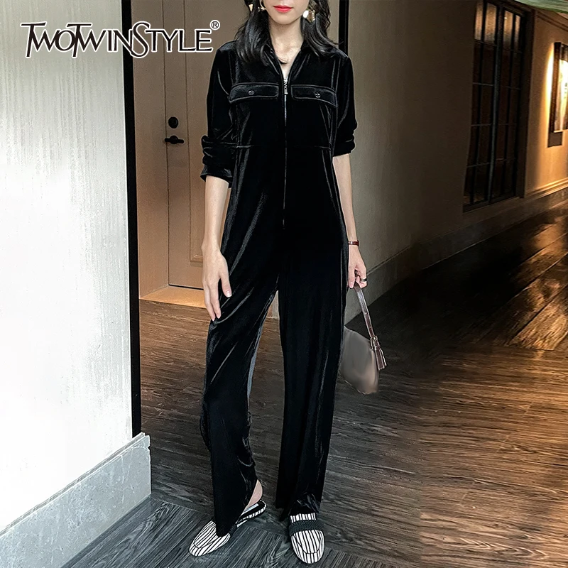 

TWOTWINSTYLE Casual Zipper Black Slim Jumpsuit Female V Neck Long Sleeve Wide Leg Jumpsuits For Women Autumn Style 2021 Clothing
