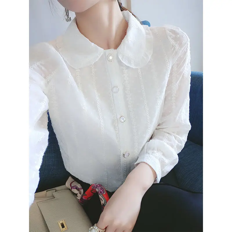 

Блузка женская кружевная, однотонная, на пуговицах, с длинным рукавом, весна-осень, DD9096