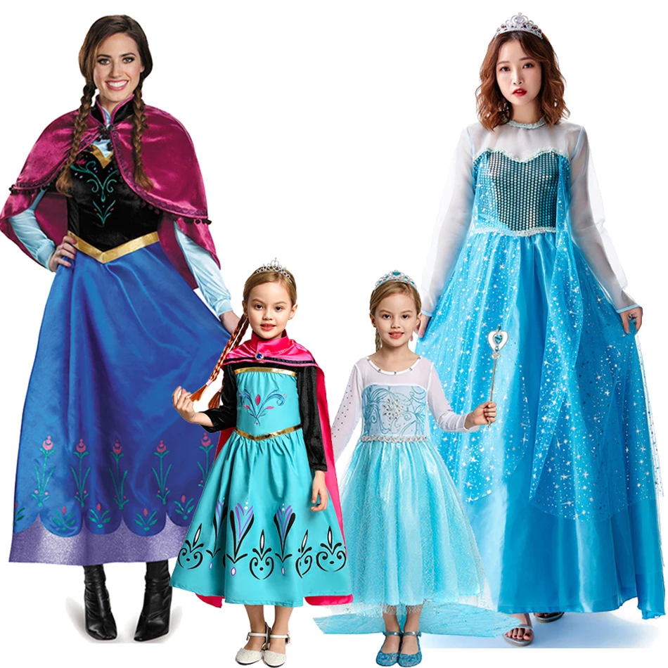 Disney Mother Kids Dress Baby Girl Dresses Mommy And Daughter Family Matching Evening Dresses Princess Anna Elsa Cosplay Costume