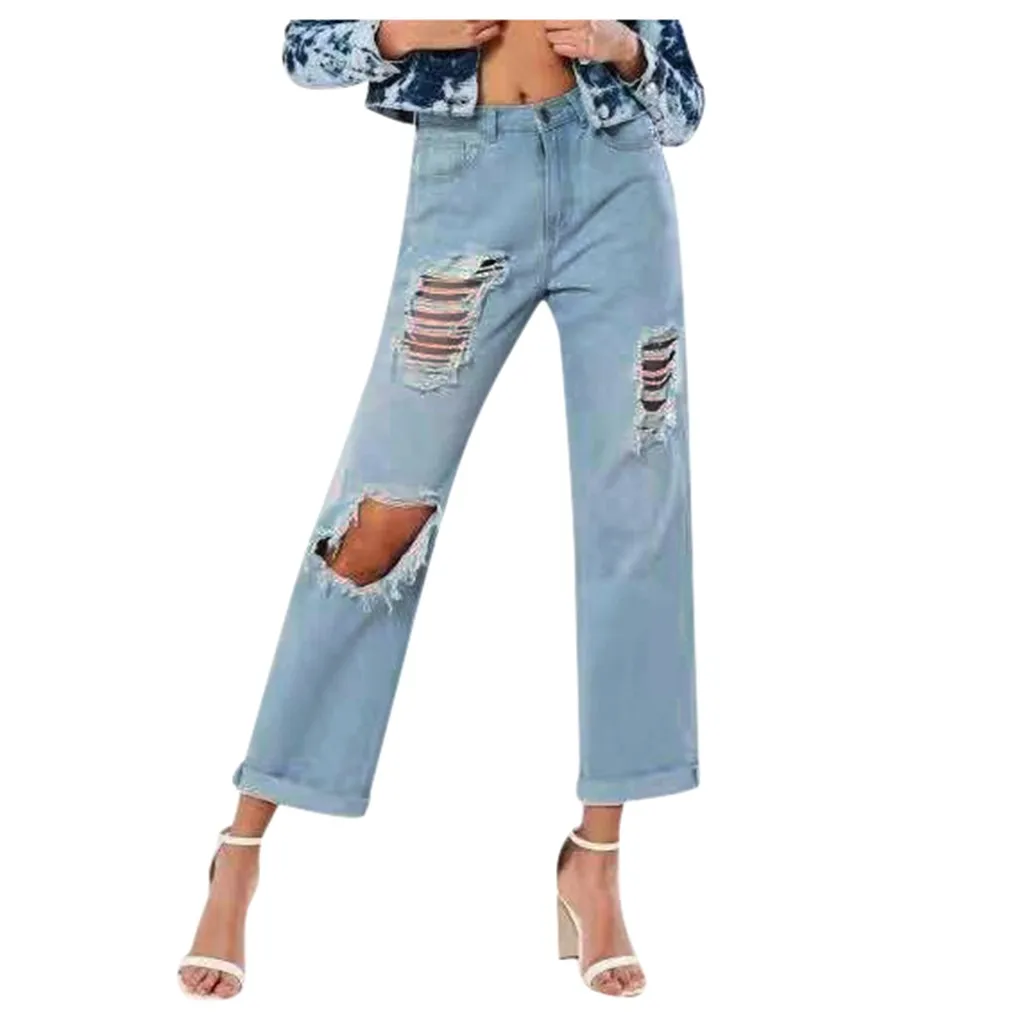 Женские рваные джинсы синие свободные винтажные женские модные с высокой талией