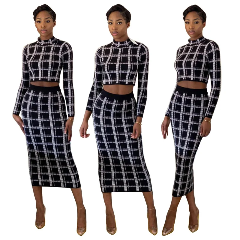 

Womens Clothing Autumn Long Sleeve Short Style Tops High Waist Mid-calf Skirts Casual Two Piece Set Lady Plaid Print Fashion Set
