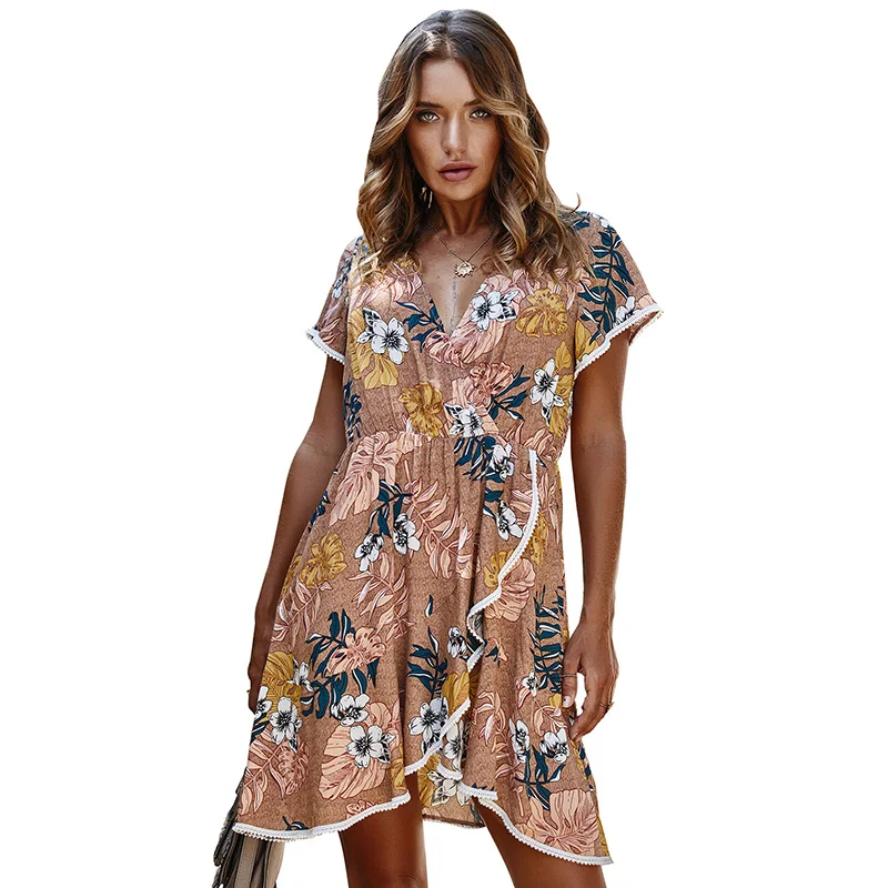 Летнее кружевное свободное бохо платье с боковым рукавом глубокий v-образный