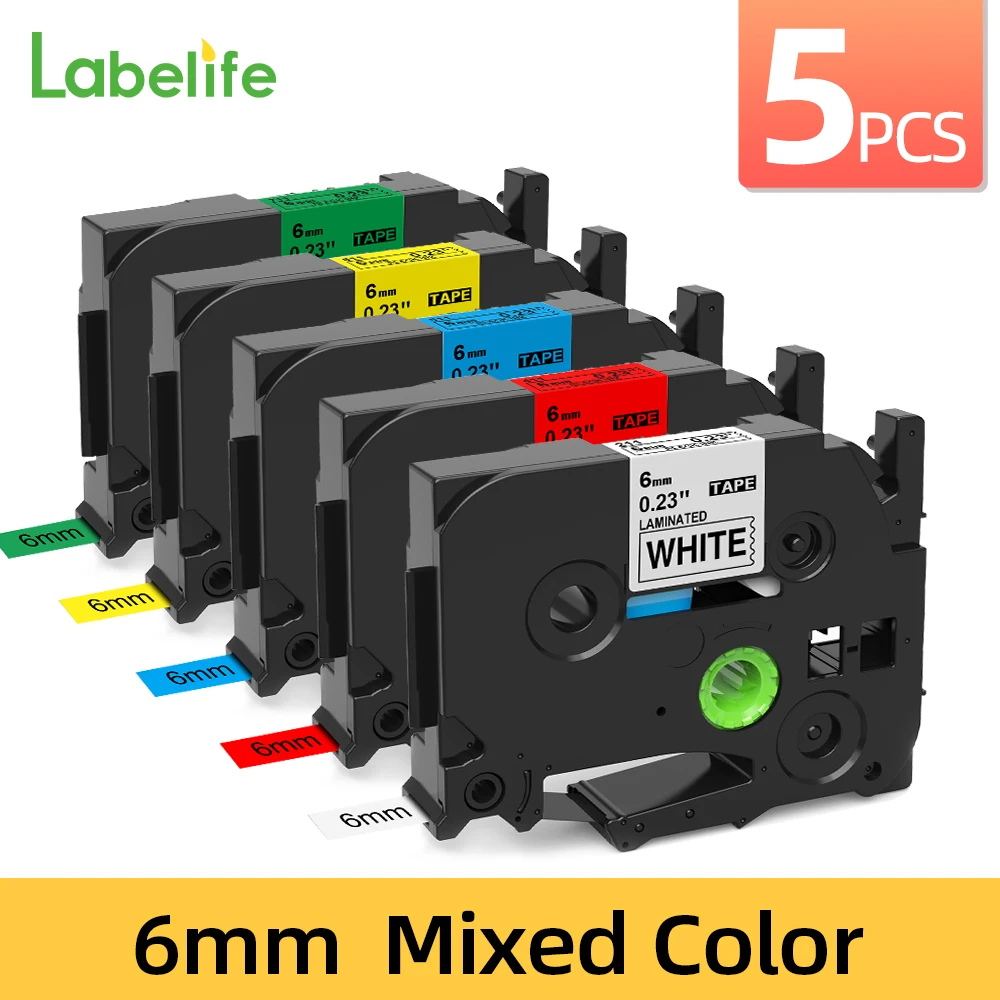 

5PK TZe-211 TZe-611 Compatible for Brother Label Printer Label Tape 6mm Black on White Laminated Tapes Multiple colours tz411