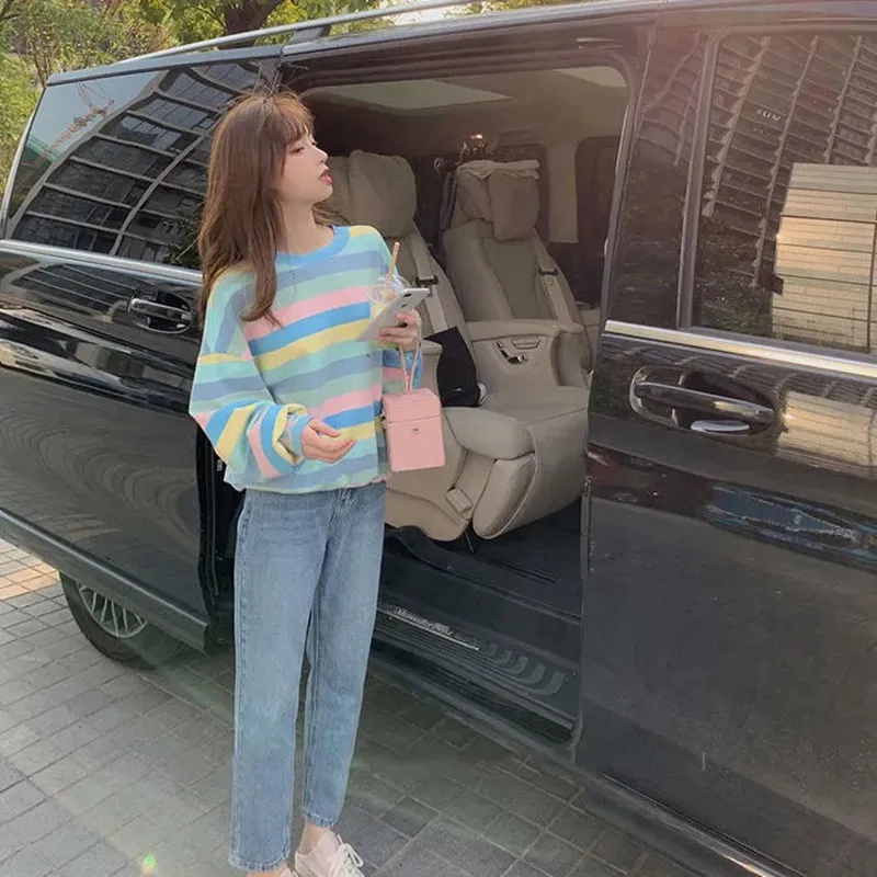 

Harajuku Rainbow Striped Oversized Hoodie Sweatshirt Schoolgirl Japan Lolita Style Long Sleeve Winter Clothes Women Tops 2021