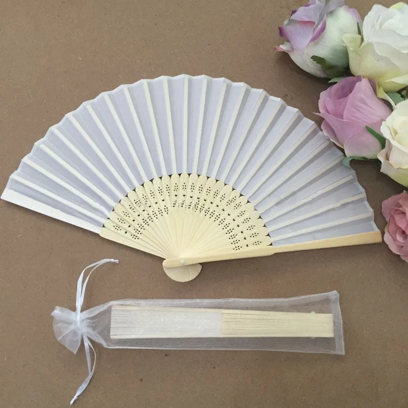 

50pcs Elegant White Folding Silk Hand Fan with Organza Gift bag Wedding Gift & Party Favors(white)