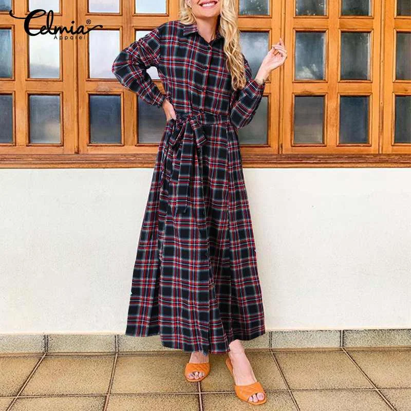 

Women's Vintage Plaid Shirt Dress Celmia 2021 Autumn Long Sleeve Lapel Stylish Checked Maxi Vestidos Casual Loose Street Robes