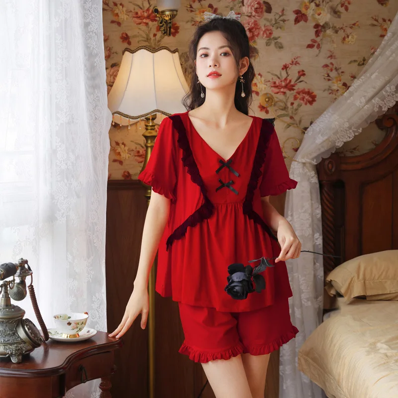 

Female Short Sleeve Pajamas Suit Women's Summer Cotton Sweet Princess Court Style Loose Large Shorts Two Piece Suit Home Wear