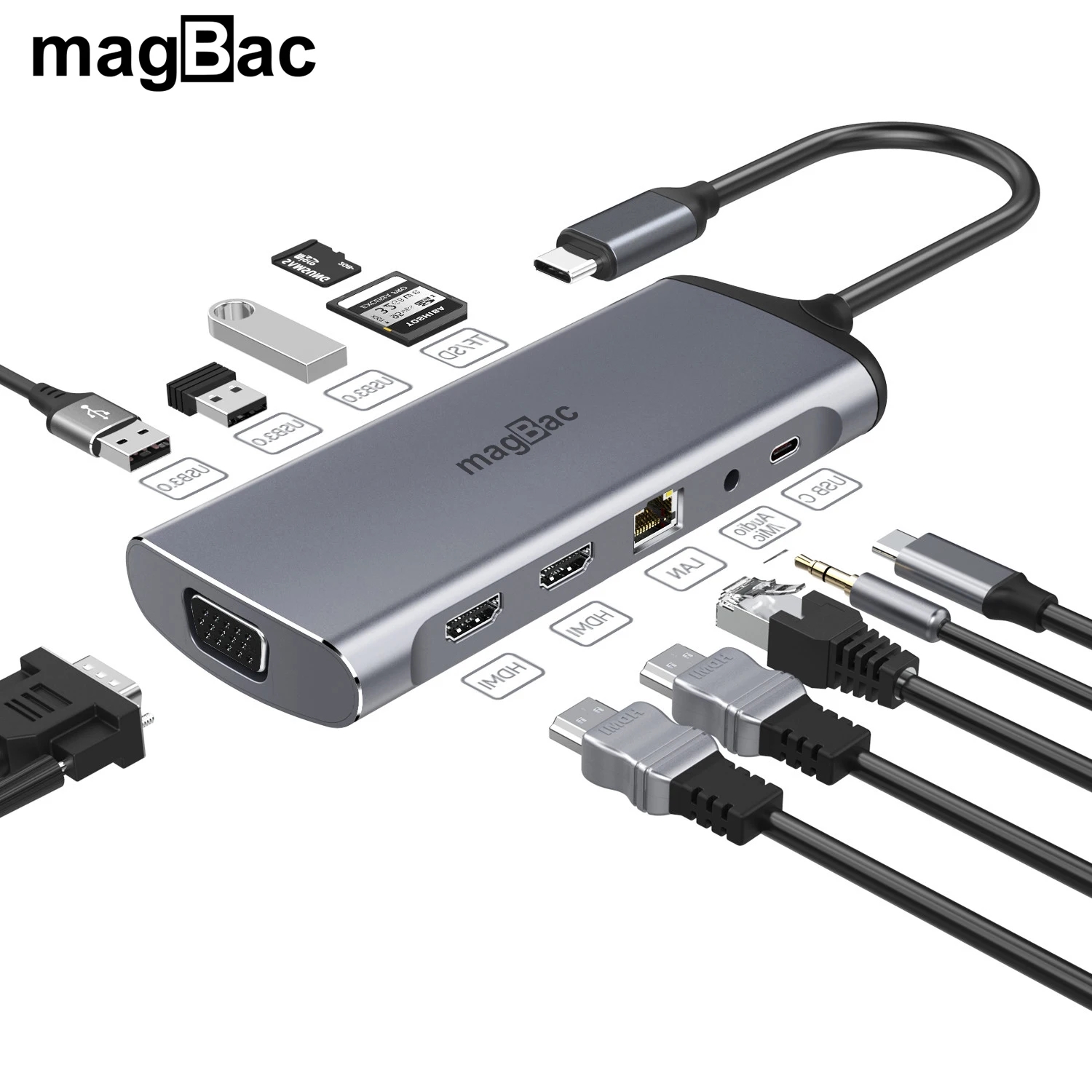 

Док-станция USB Type-C для ноутбука, 100 Вт, 2 порта HDMI/VGA