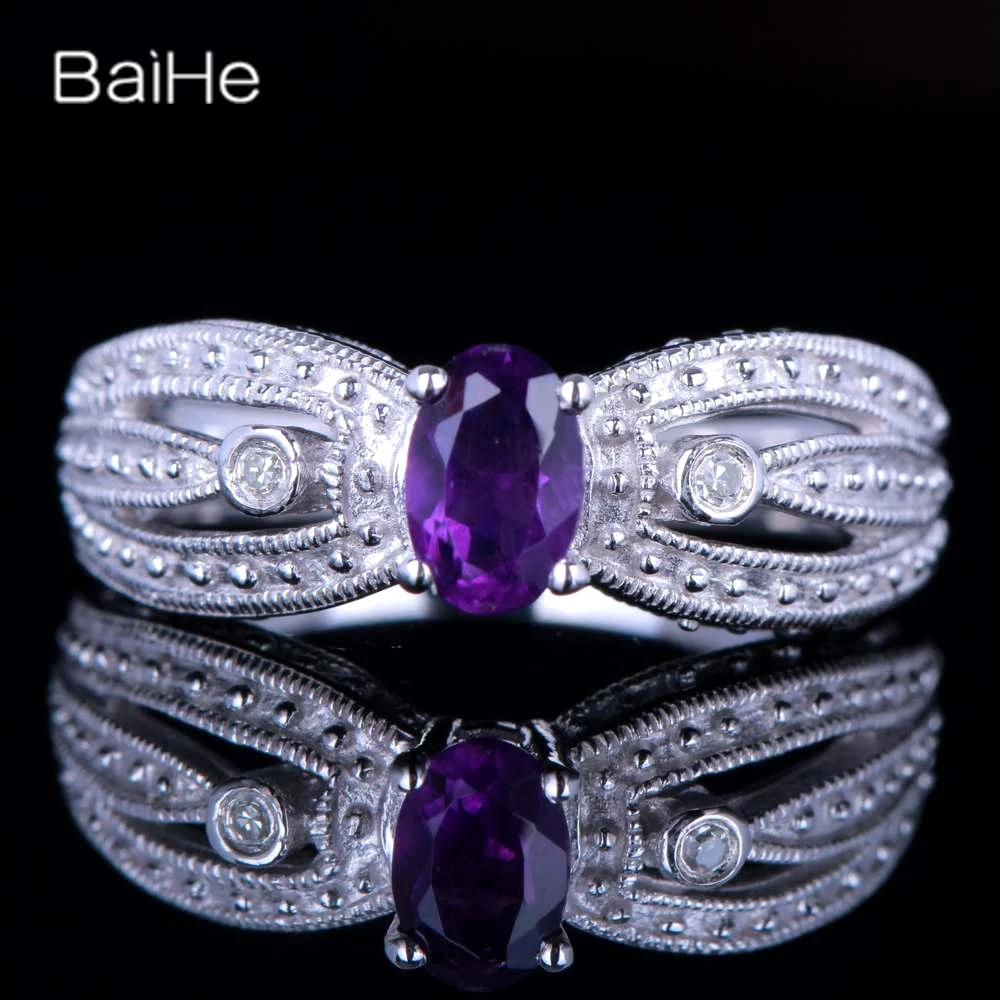 

BAIHE Real Sterling Silver 925 Oval Natural Amethyst Ring Women vintage Engagement Wedding Fine Jewelry Making Bague Anillo