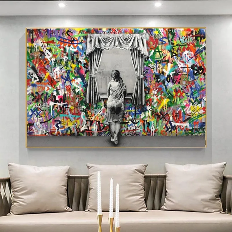 

Graffiti Art Wall Pictures for Living Room Banksy Scenes Girl Street Canvas Paintings Wall Art Posters Prints Home Cuadros Decor