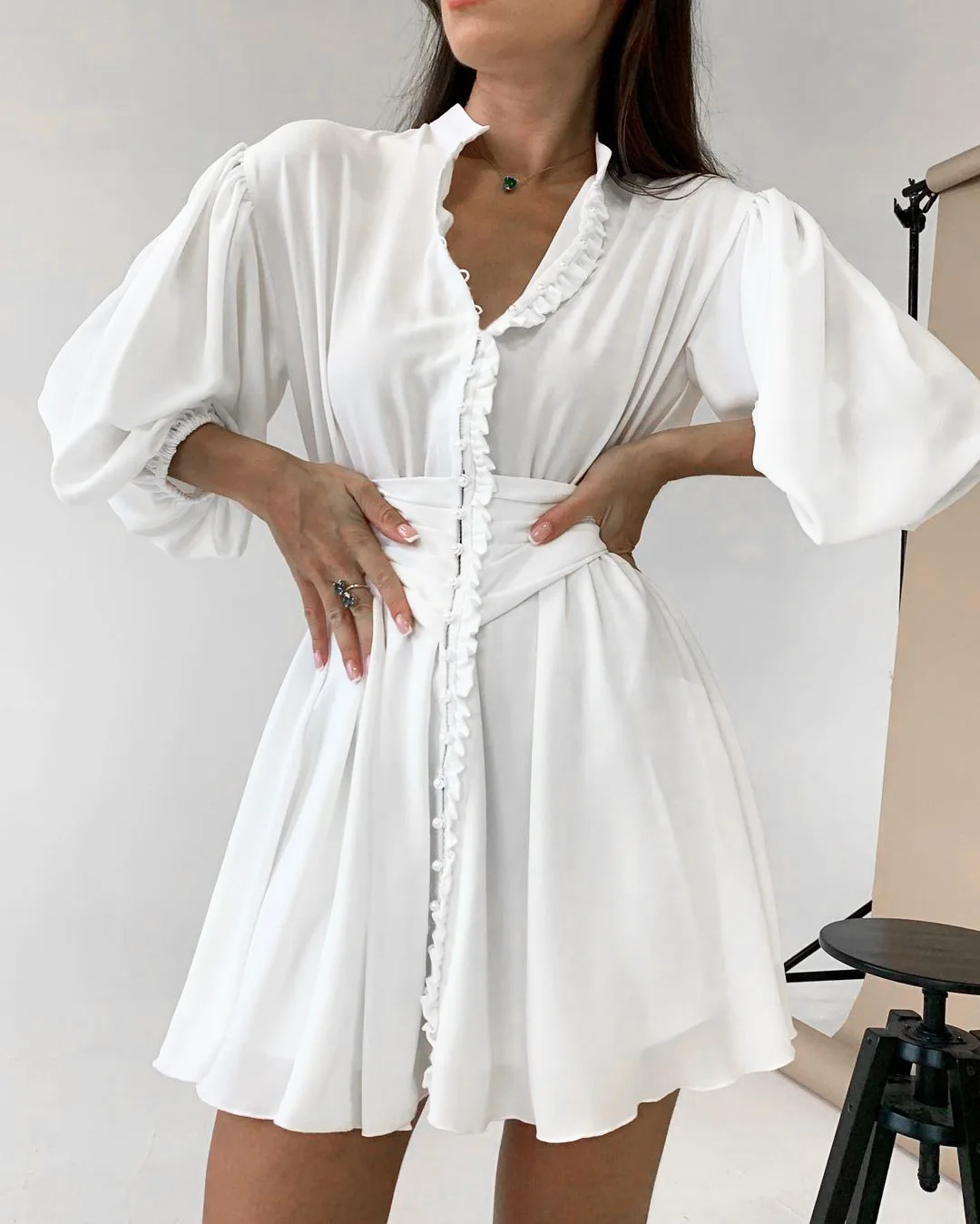 

Dresses for Women Autumn New Small Stand-up Collar Cinched Lace-up Elegant Women's Dress Lantern Sleeve Slimming A- line Skirt