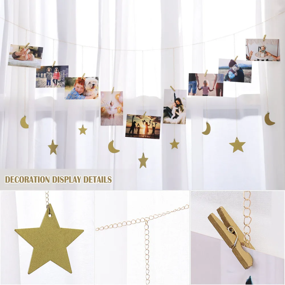 

IMIKEYA Wall Photo Shelf Stars and Moons Hanging Photo Display Fashion Picture Frame with 30 Wood Clips Wall Art Decoration for