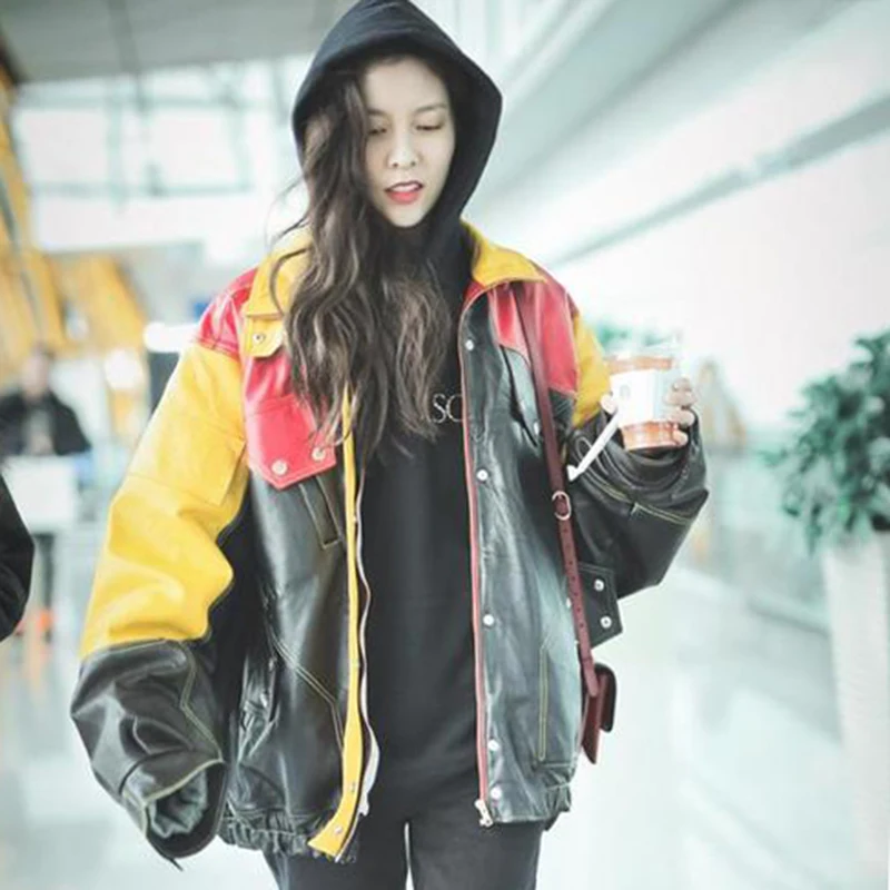 

JCHB 2021 genuine New same leather coat women's contrast color motorcycle leather jacket loose sheepskin coat